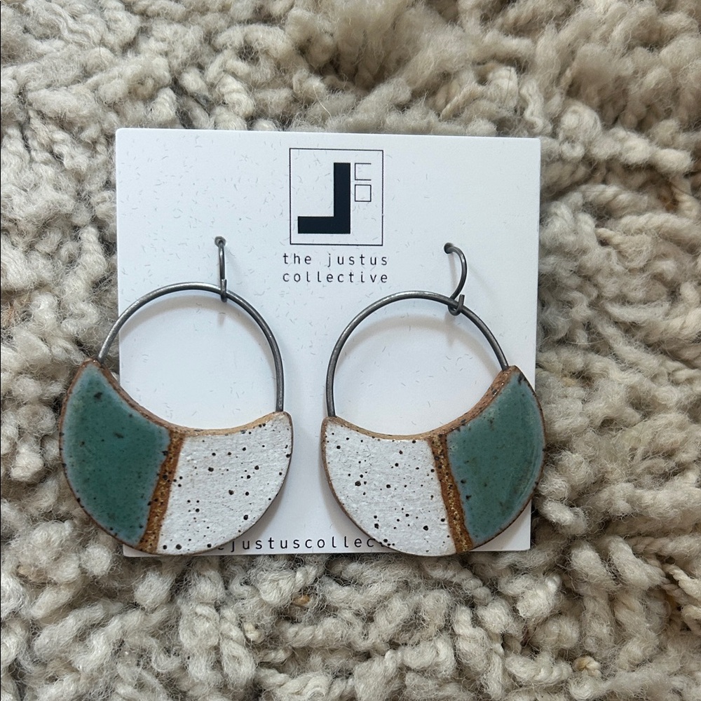 The Justus Collective Green & White Ceramic Hoop Earrings